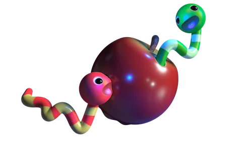 Red and green worm mascots on an apple